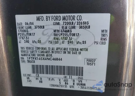 2004 Ford F-150 Fx4/Lariat/Xl/Xlt из США, поврежденный, VIN 1FTPX145X4NC46844